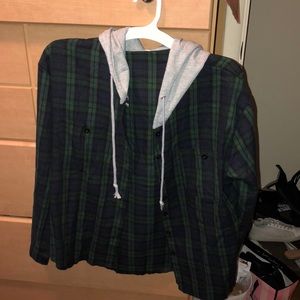 Green and blue hooded plaid shirt